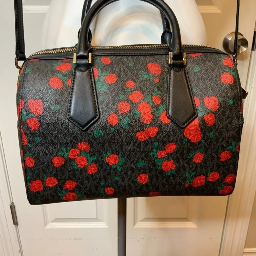Michael Kors Hayes Black Red Rose Pebbled Leather Satchel MK